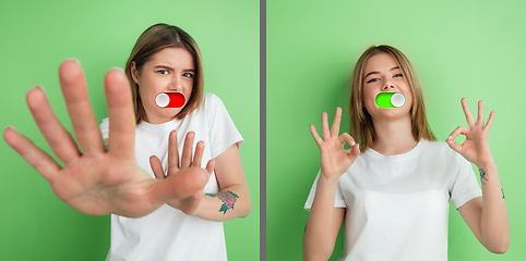 Image showing Mood switch on female face. Happy and angry, splitting personality. Modern interface and human emotions