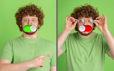 Image showing Mood switch on male face. Happy and angry, splitting personality. Modern interface and human emotions