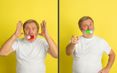 Image showing Mood switch on male face. Happy and angry, splitting personality. Modern interface and human emotions