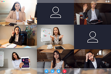Image showing Young colleagues talking, working in videoconference with co-workers at office or living room. Online business, education during quarantine.