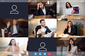 Image showing Young colleagues talking, working in videoconference with co-workers at office or living room. Online business, education during quarantine.