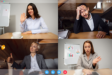 Image showing Young colleagues talking, working in videoconference with co-workers at office or living room. Online business, education during quarantine.