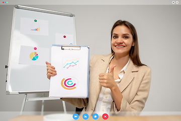 Image showing Young woman talking, working in videoconference with co-workers at office or living room. Online business, education during quarantine.