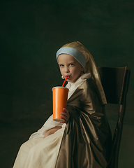 Image showing Medieval little girl as a lady with a pearl earring on dark studio background. Concept of comparison of eras, childhood. Stylish creative design, art vision, new look of artwork.