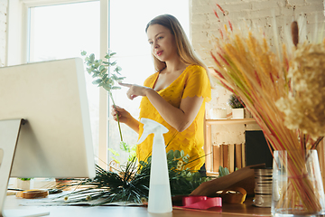 Image showing Florist at work: woman shows how to make bouquet, working at home concept, choosing plants for composition