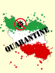 Image showing Iran colored in national flag and coronavirus - concept of spreading of virus, cancelling, quarantined