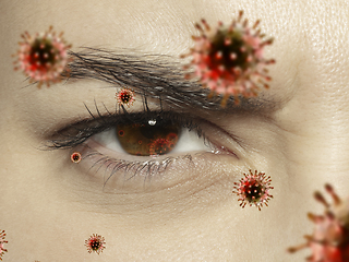 Image showing Close up shoot of a female eye with 3D-illustrated coronavirus models, the way of infecting