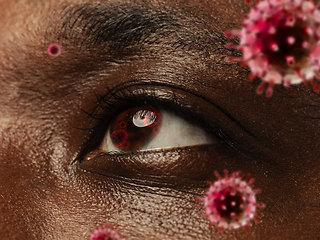 Image showing Close up shoot of a male eye with 3D-illustrated coronavirus models, the way of infecting