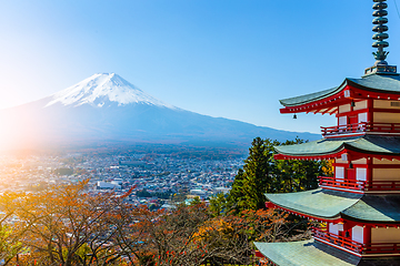Image showing Mt. Fuji viewed from behind Chureito Pagoda
