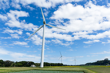 Image showing Wind turbine farm and field
