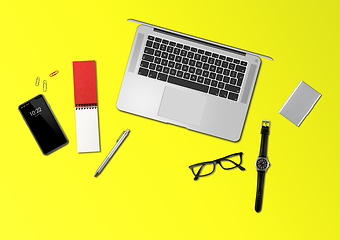 Image showing Office desk mockup top view isolated on yellow