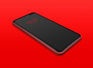 Image showing All-screen black smartphone mockup isolated on red. 3D render