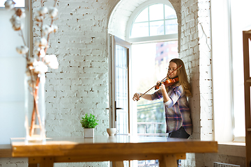 Image showing Young woman at home playing violin near opened window, improvising, quarantine lifestyle