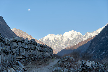 Image showing Langtang valley moonrise over mountain