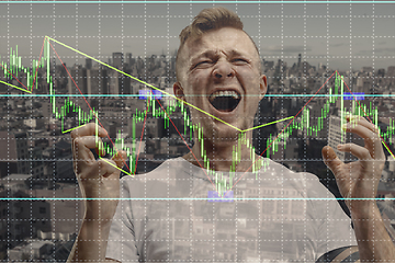 Image showing Stressed man holding head with hands on abstract city background. Double exposure with graphs. Virus alert, coronavirus pandemic, crisis, unemployment