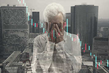 Image showing Stressed senior man holding head with hands on abstract city background. Double exposure with graphs. Virus alert, coronavirus pandemic, crisis, unemployment