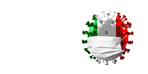 Image showing 3D-illustration of COVID-19 coronavirus colored in national Italy flag in face mask, concept of pandemic spreading