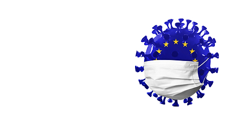 Image showing 3D-illustration of COVID-19 coronavirus colored in European Union flag in face mask, concept of pandemic spreading