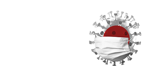 Image showing 3D-illustration of COVID-19 coronavirus colored in national Japan flag in face mask, concept of pandemic spreading