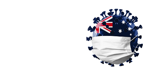 Image showing 3D-illustration of COVID-19 coronavirus colored in national Australia flag in face mask, concept of pandemic spreading