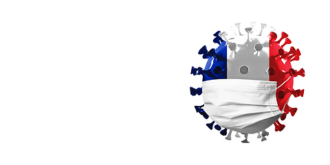 Image showing 3D-illustration of COVID-19 coronavirus colored in national France flag in face mask, concept of pandemic spreading