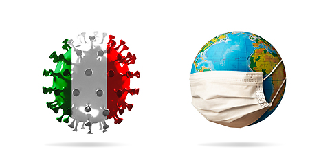 Image showing 3D-illustration of COVID-19 coronavirus colored in national Italy flag near planet Earth wearing face mask, concept of pandemic spreading