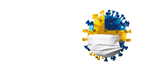 Image showing 3D-illustration of COVID-19 coronavirus colored in national Sweden flag in face mask, concept of pandemic spreading