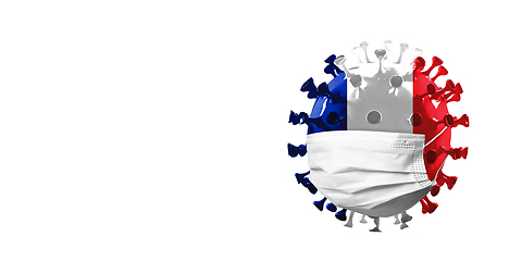 Image showing 3D-illustration of COVID-19 coronavirus colored in national France flag in face mask, concept of pandemic spreading