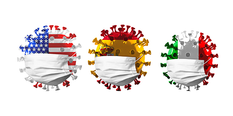 Image showing 3D-illustration of COVID-19 coronavirus colored in national USA, Spain and Italy flags in face masks, concept of pandemic spreading