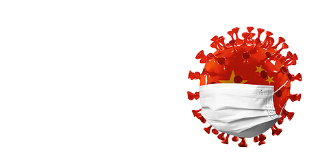 Image showing 3D-illustration of COVID-19 coronavirus colored in national China flag in face mask, concept of pandemic spreading