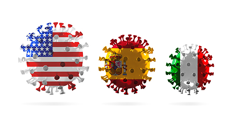 Image showing 3D-illustration of COVID-19 coronavirus colored in national USA, Spain and Italy flags, concept of pandemic spreading