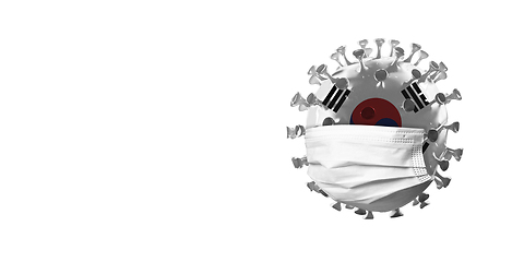 Image showing 3D-illustration of COVID-19 coronavirus colored in national South Korea flag in face mask, concept of pandemic spreading