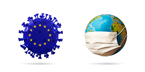 Image showing 3D-illustration of COVID-19 coronavirus colored in European Union flag near planet Earth wearing face mask, concept of pandemic spreading