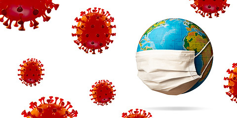 Image showing 3D-illustration of COVID-19 coronavirus colored red spreading near around planet Earth wearing face mask, concept of pandemic, protection