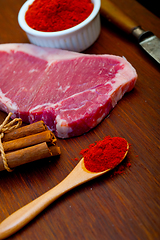 Image showing raw uncooked  ribeye beef steak butcher selection