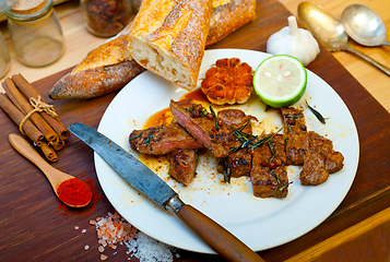 Image showing roasted grilled ribeye beef steak butcher selection