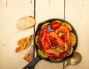 Image showing roasted shrimps with zucchini and tomatoes