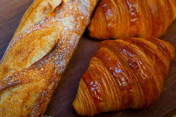 Image showing French fresh croissants and artisan baguette tradition