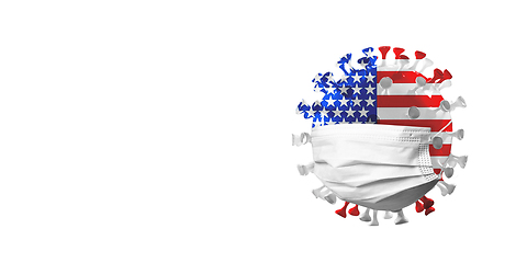 Image showing 3D-illustration of COVID-19 coronavirus colored in national USA flag in face mask, concept of pandemic spreading