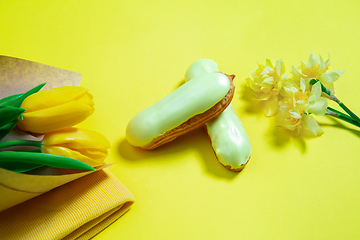 Image showing Monochrome stylish composition in yellow color. Top view, flat lay.