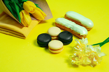 Image showing Monochrome stylish composition in yellow color. Top view, flat lay.