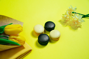 Image showing Monochrome stylish composition in yellow color. Top view, flat lay.