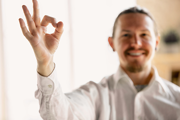 Image showing Close up of caucasian male hands, working in office, business, people