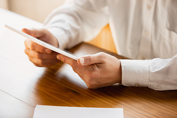 Image showing Close up of caucasian male hands, working in office, business, people