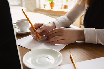 Image showing Close up of caucasian female hands, working in office, business, people