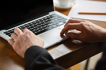 Image showing Close up of caucasian male hands, working in office, business, people