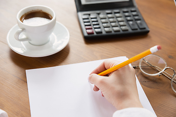 Image showing Close up of caucasian female hands, working in office, business, people