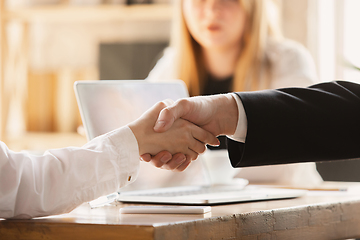 Image showing Close up of caucasian human hands, shaking, working in office, business, people