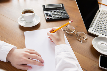 Image showing Close up of caucasian female hands, working in office, business, people