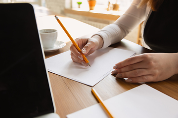 Image showing Close up of caucasian female hands, working in office, business, people